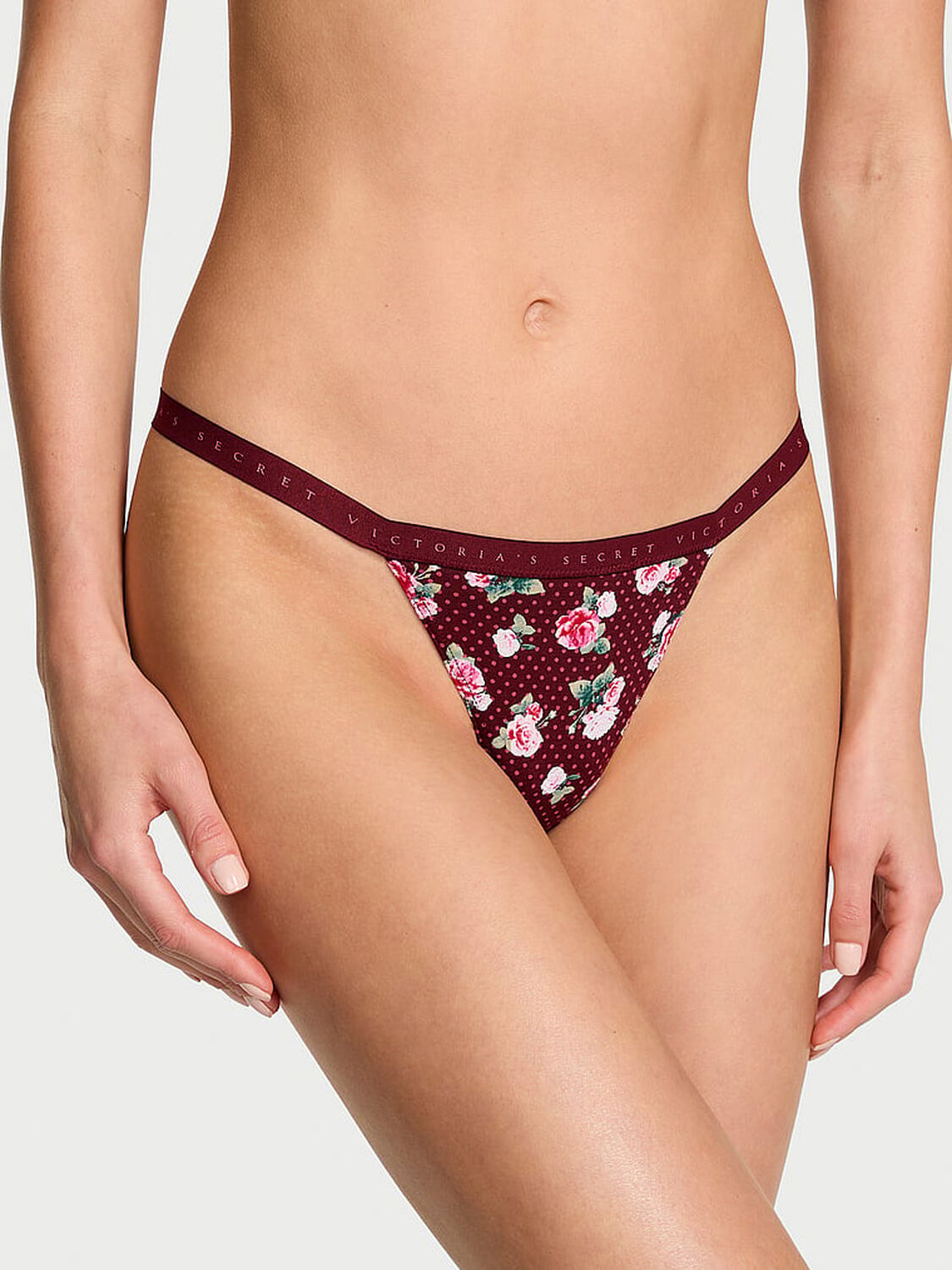 vs Victoria's Secret Stretch Cotton V-String Panty Sangria Red Holly Floral 1 of 3 