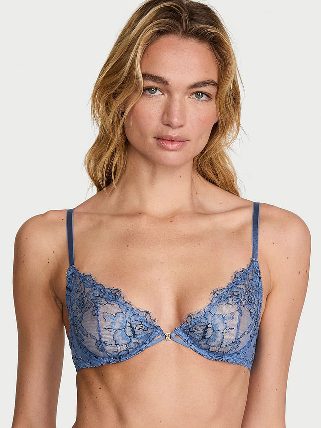 vs Very Sexy Denim Rose Lace Unlined Demi Bra Denim Blue 1 of 3 