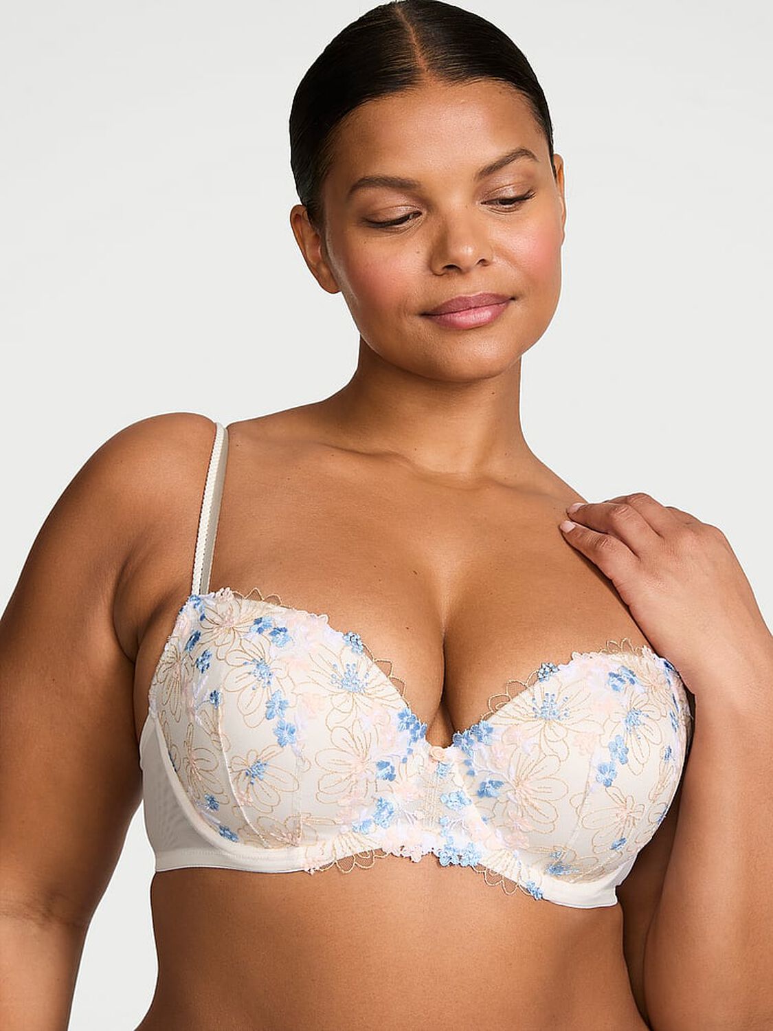 vs Dream Angels Wildflower Embroidery Lightly Lined Demi Bra White & Blue Wildflowers 1 of 3 