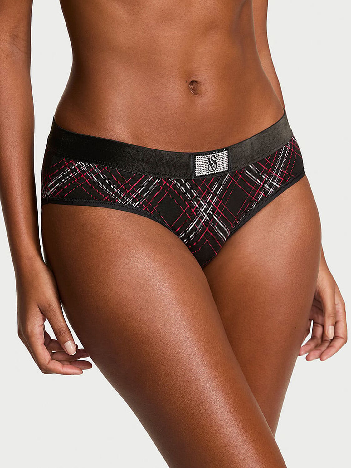vs Cotton Logo Cotton Shine Patch Velvet Hiphugger Panty Black Plaid 2 of 2 