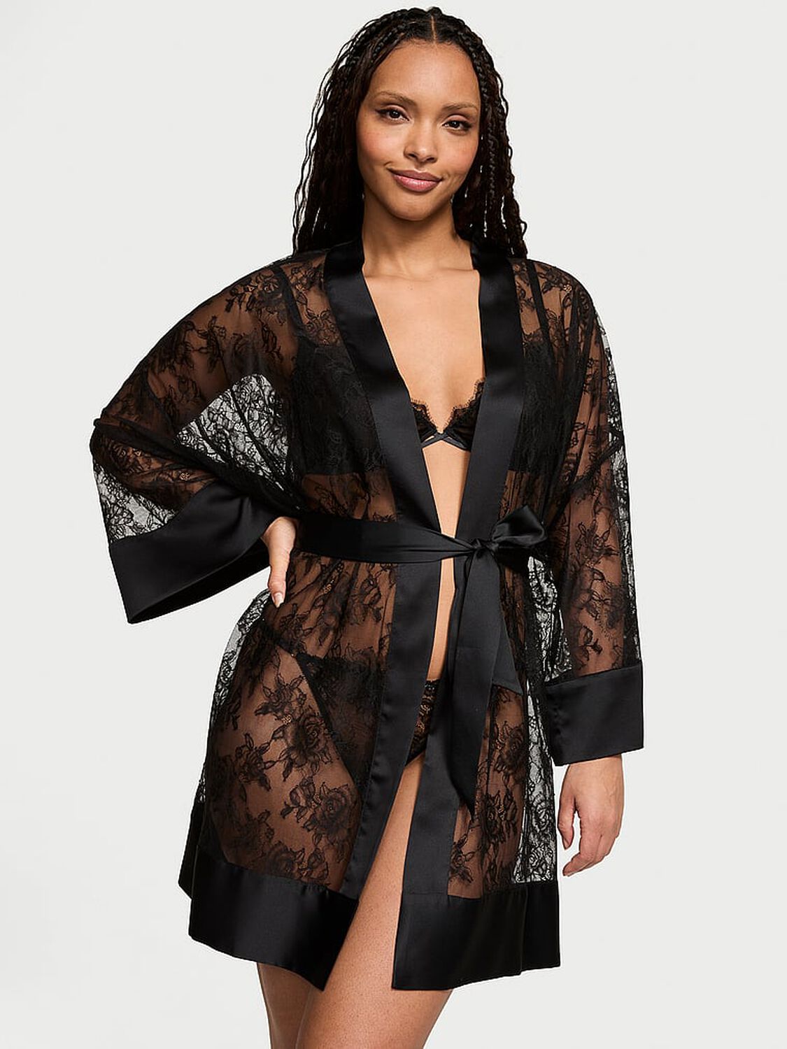 vs Victoria's Secret Rose Lace Satin-Trim Short Robe Jet Black 1 of 4 