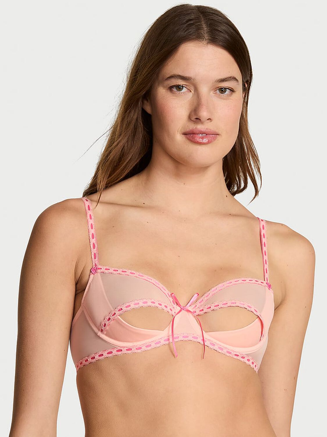 vs Dream Angels Wicked Unlined Ribbon Slot Open-Cup Balconette Bra Peach 1 of 2 