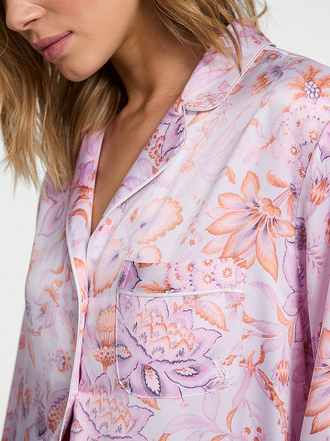 vs Victoria's Secret Glazed Satin Long Pajama Set Delicate Violet Floral 3 of 4 