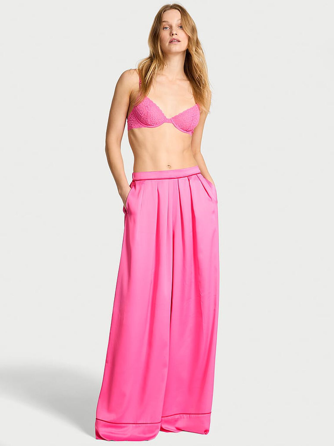vs Victoria's Secret Glazed Satin Ultra Wide-Leg Sleep Pants Hollywood Pink 1 of 3 