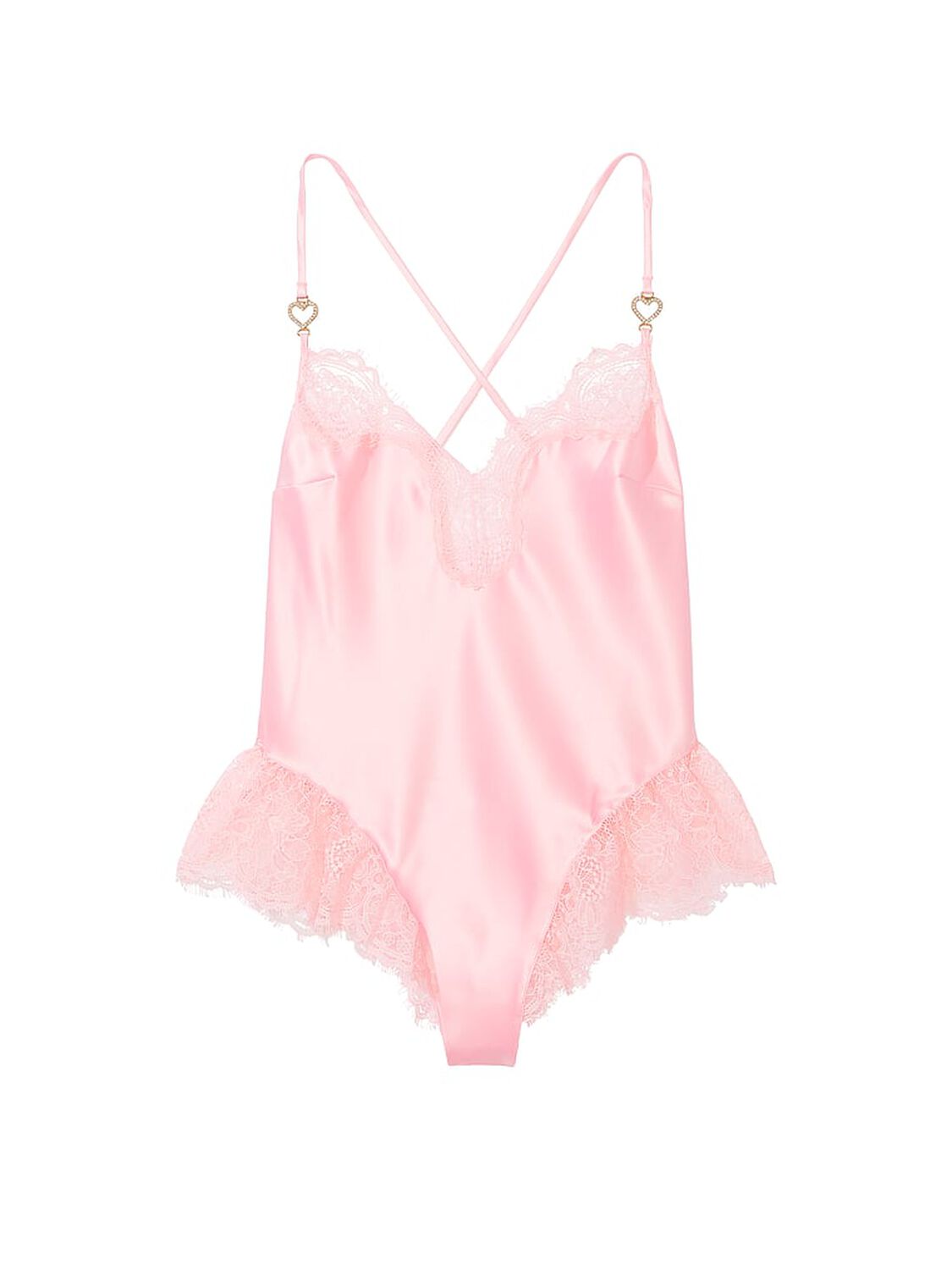vs Victoria's Secret Satin Lace Shine Heart Hardware High-Leg Romper Pretty Blossom 3 of 3 