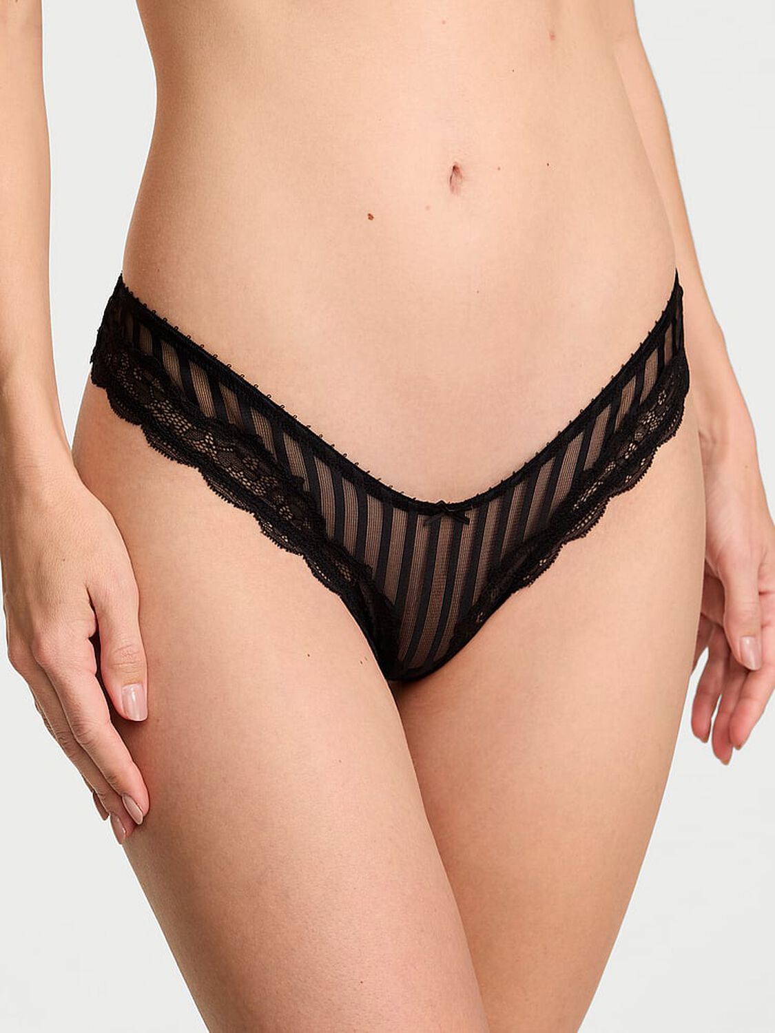 vs Victoria's Secret Tease Sheer Stripe High-Leg Thong Panty Black 1 of 4 