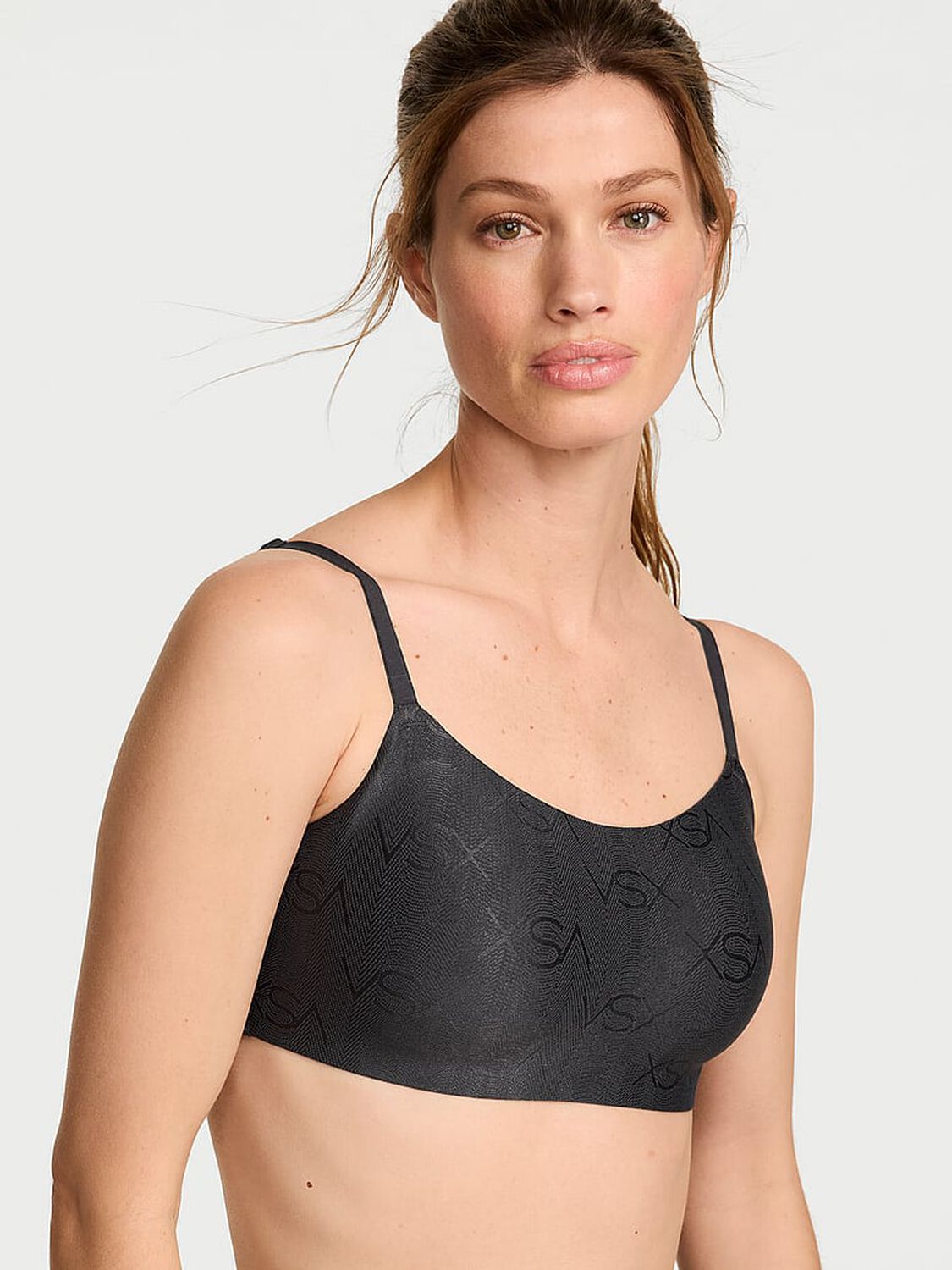 vs Vsx VSX LUXShine Logo Stretch-Comfort Sports Bra Classic Dark Smoke 1 of 2 
