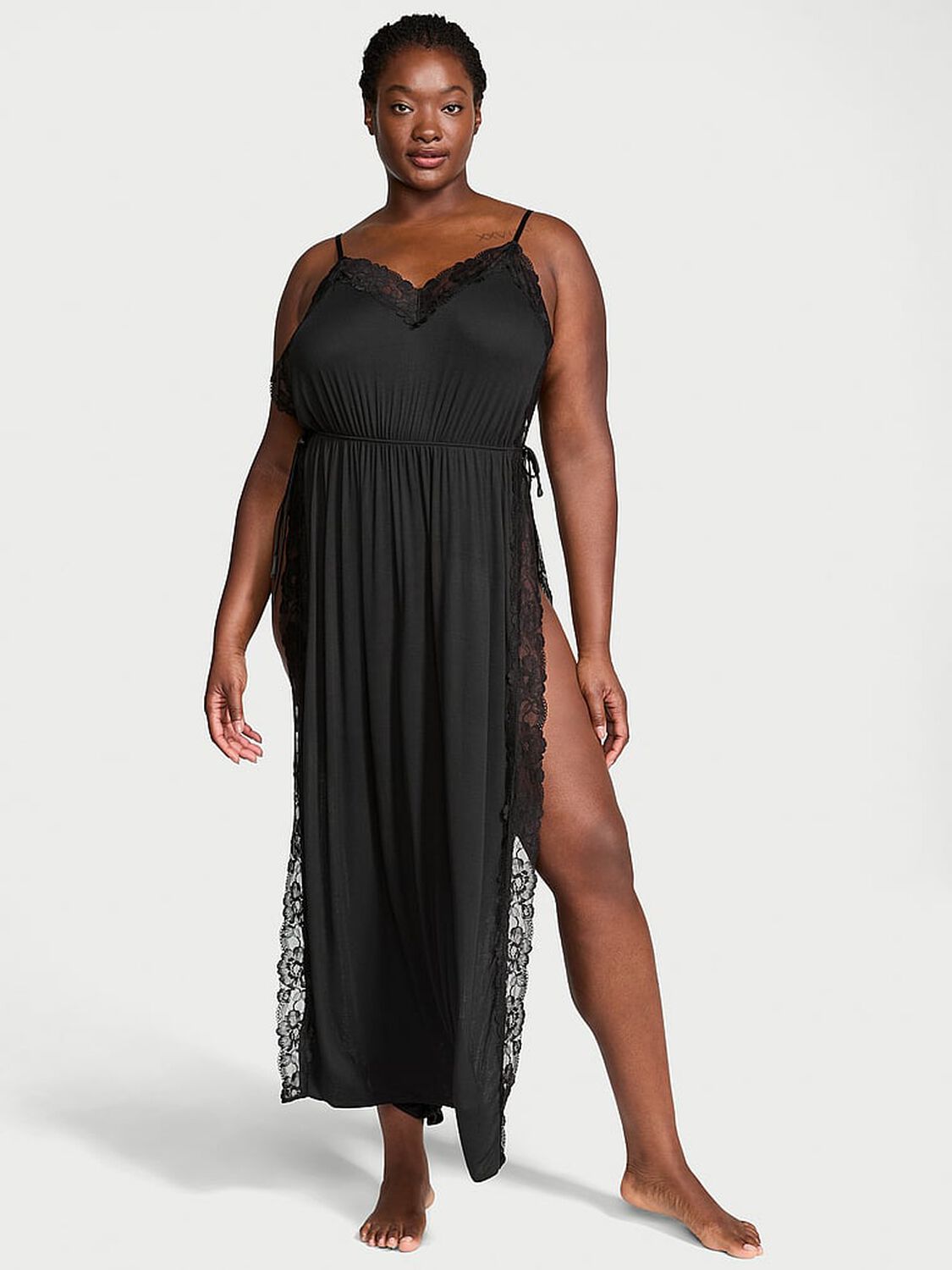 vs Victoria's Secret Ribbed Modal Lace-Trim High-Slit Long Slip Dress Black 1 of 3 