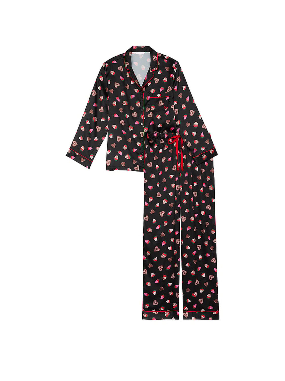 vs Victoria's Secret Glazed Satin Long Pajama Set Black Chocolate Strawberries 3 of 4 