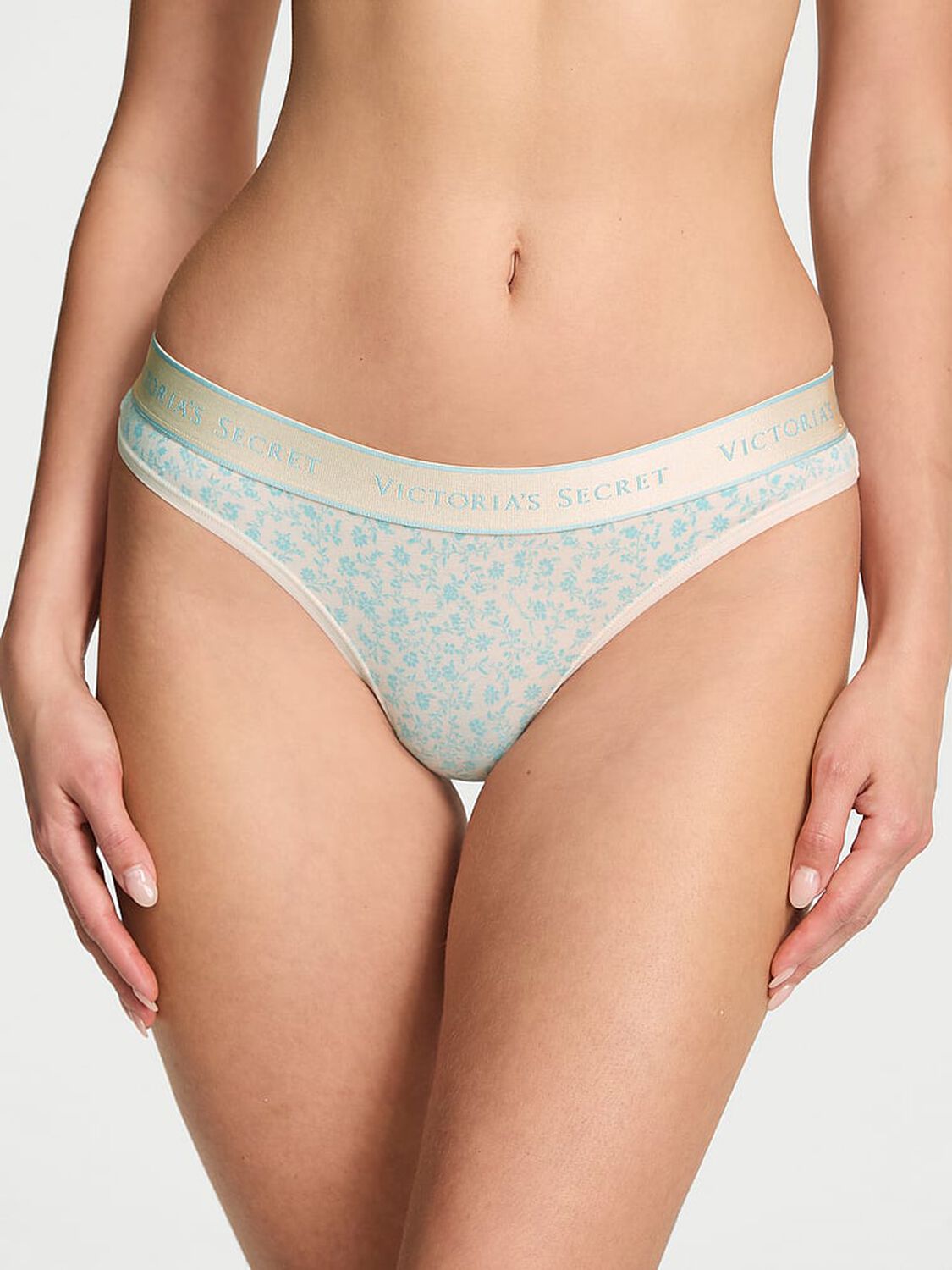 vs Cotton Logo Cotton Thong Panty Blue Scattered Floral 1 of 2 