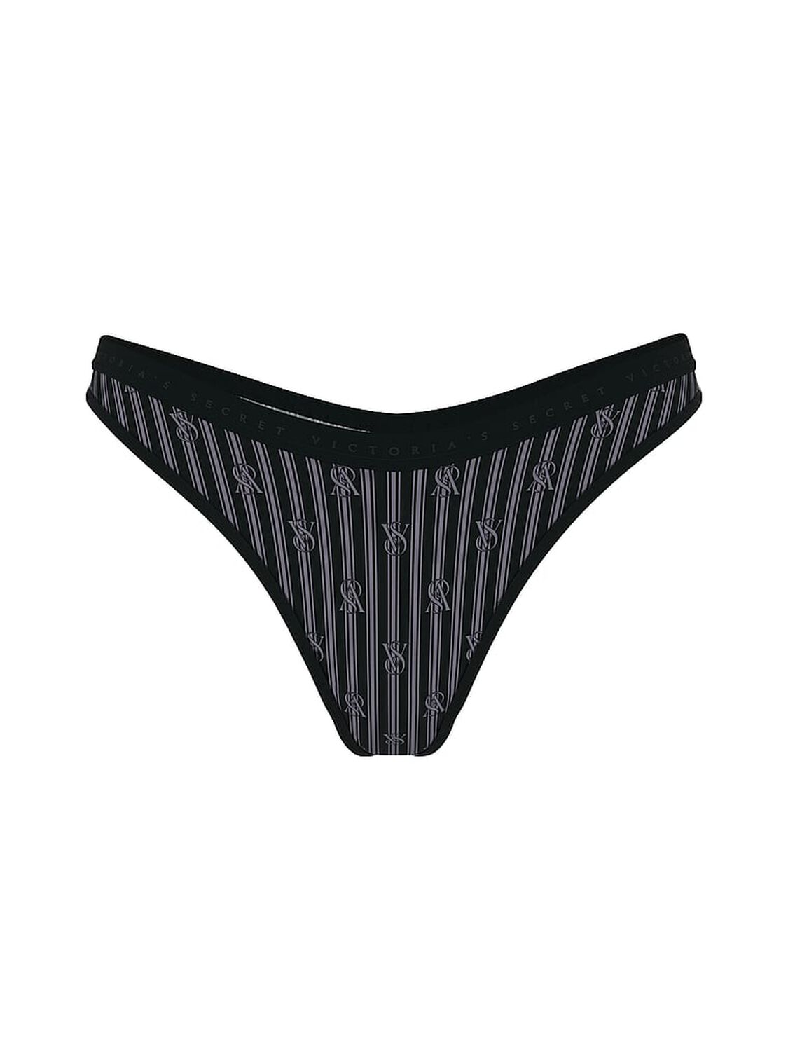 vs Victoria's Secret Stretch Cotton High-Leg Scoop Thong Panty Black Logo Stripes 3 of 3 
