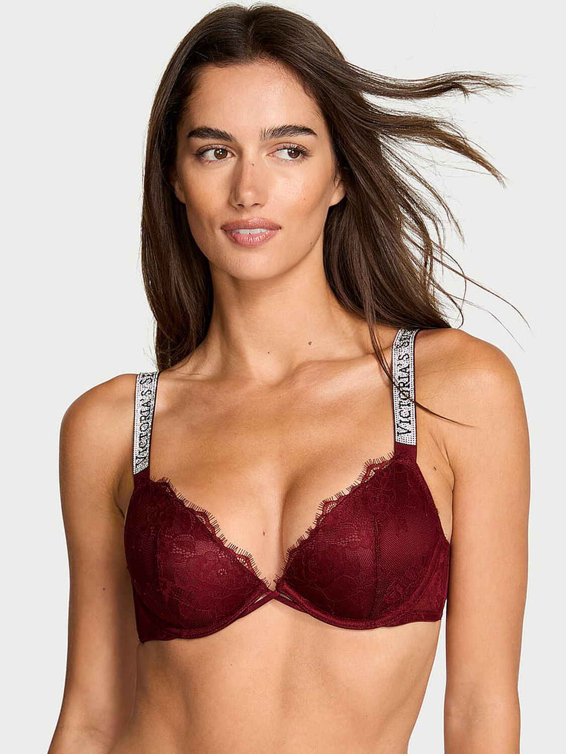 vs Very Sexy Shine Strap Rose Lace Lightly Lined Low-Cut Demi Bra Sangria Red 3 of 3 