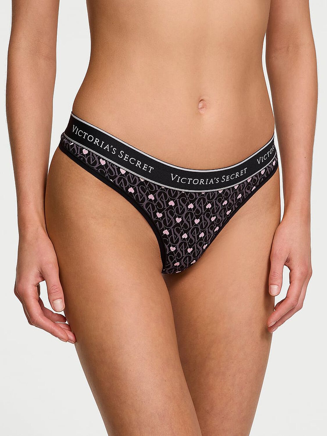 vs Cotton Logo Cotton Thong Panty Black Logo Hearts 1 of 4 