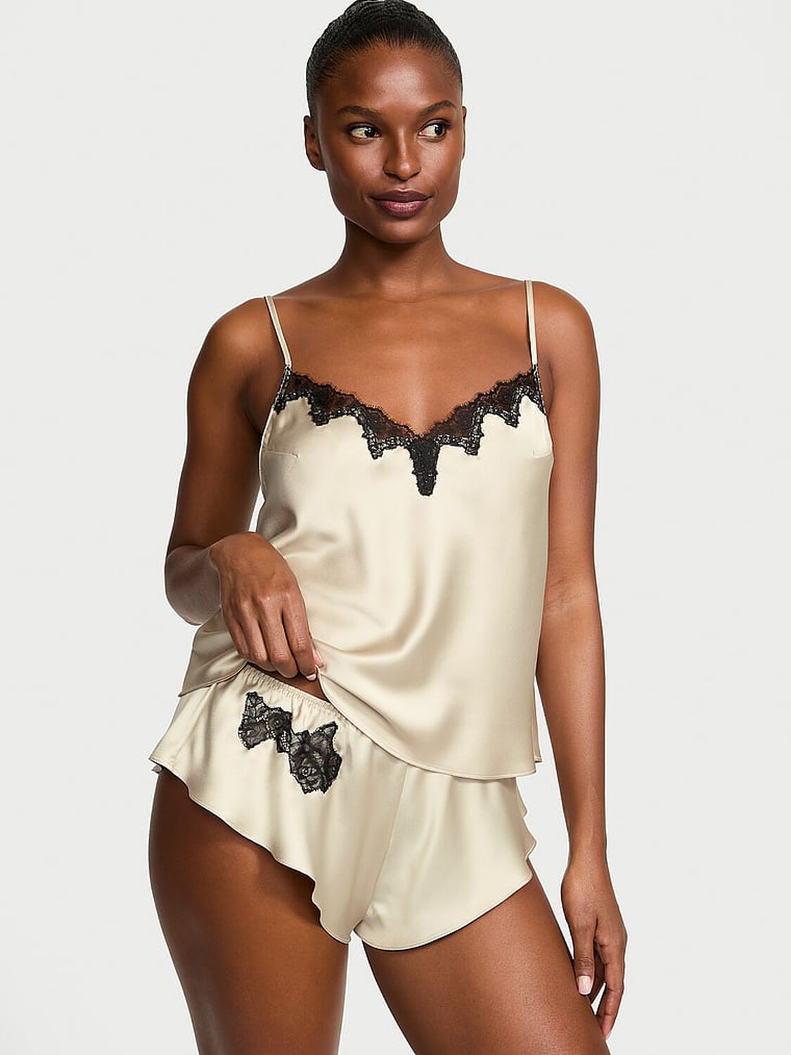 vs Victoria's Secret Satin Rose Lace-Trim Cami & Flutter Short Set Classic Sandstone 1 of 4 