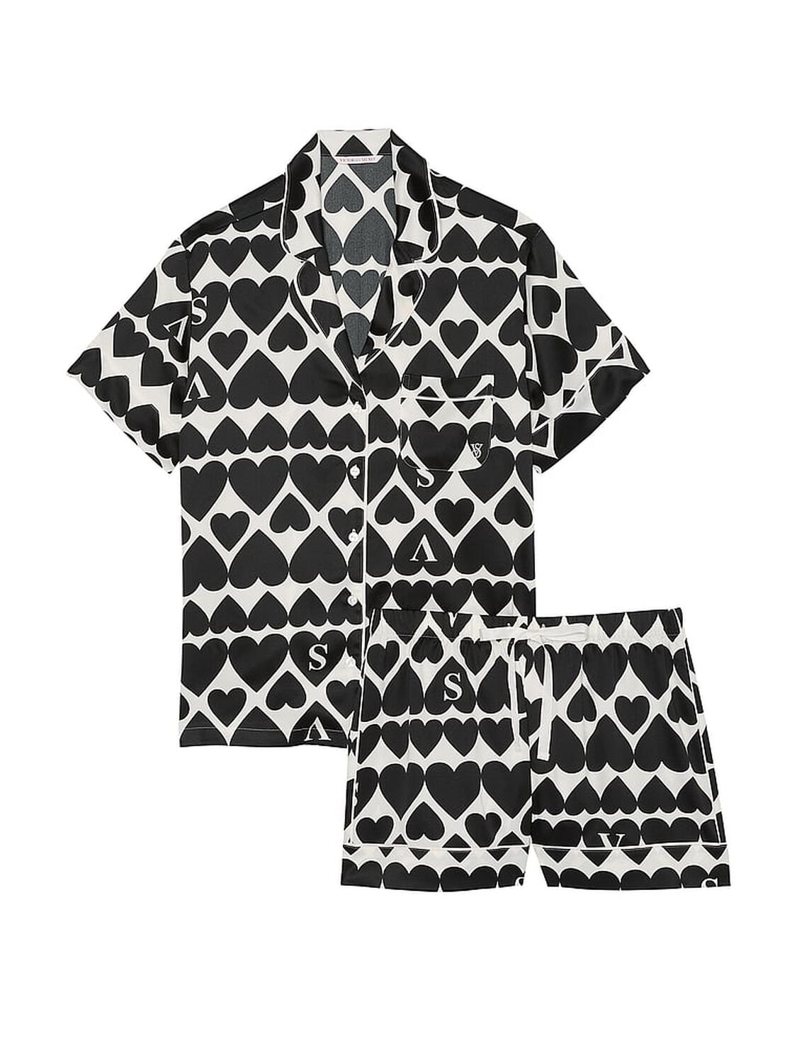 vs Victoria's Secret Glazed Satin Short Pajama Set Coconut White & Black Hearts 3 of 4 