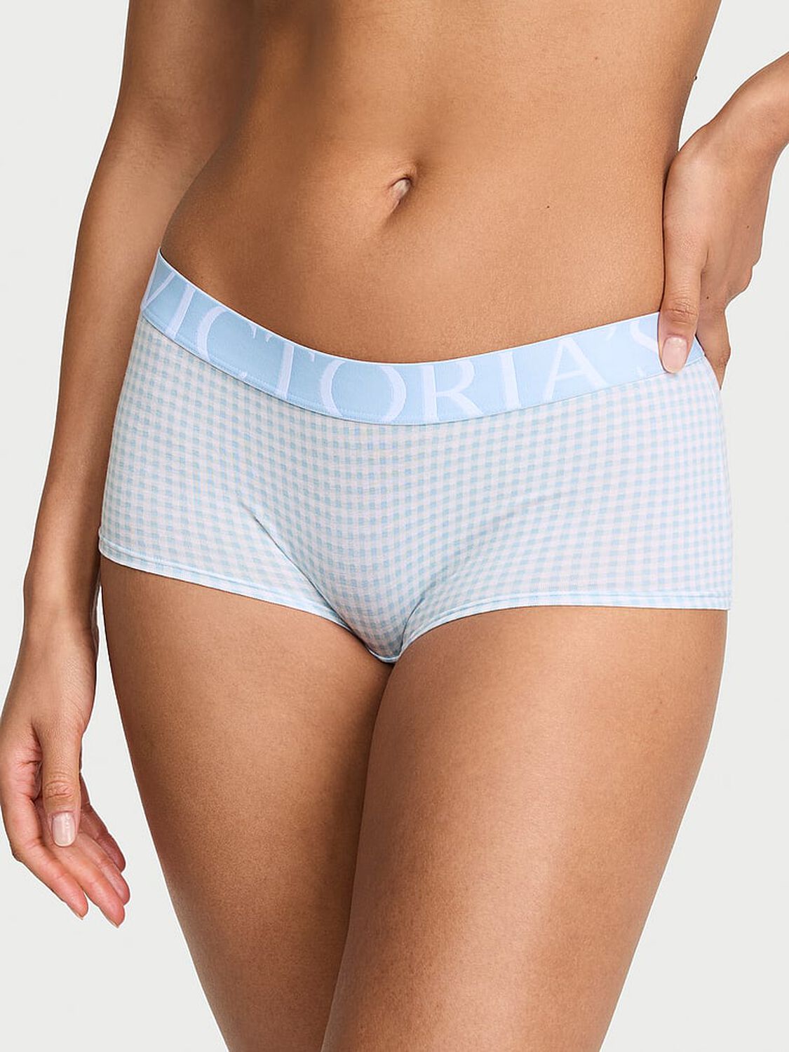 vs Cotton Exploded Logo Cotton Boyshort Panty Linen Blue Gingham 1 of 3 