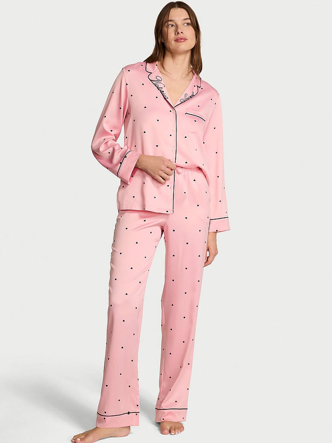 vs Victoria's Secret Glazed Satin Long Pajama Set Dusk Pink W Black Tiny Hearts 1 of 3 