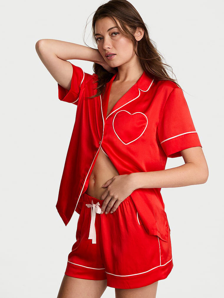 Glazed Satin Heart Short Pajama Set Bright Vermillion | Victoria's