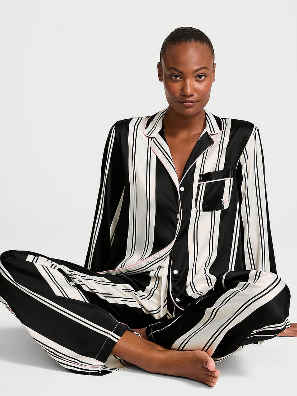 vs Victoria's Secret Satin Long Pajama Set Coconut White & Black Stripes 1 of 4 