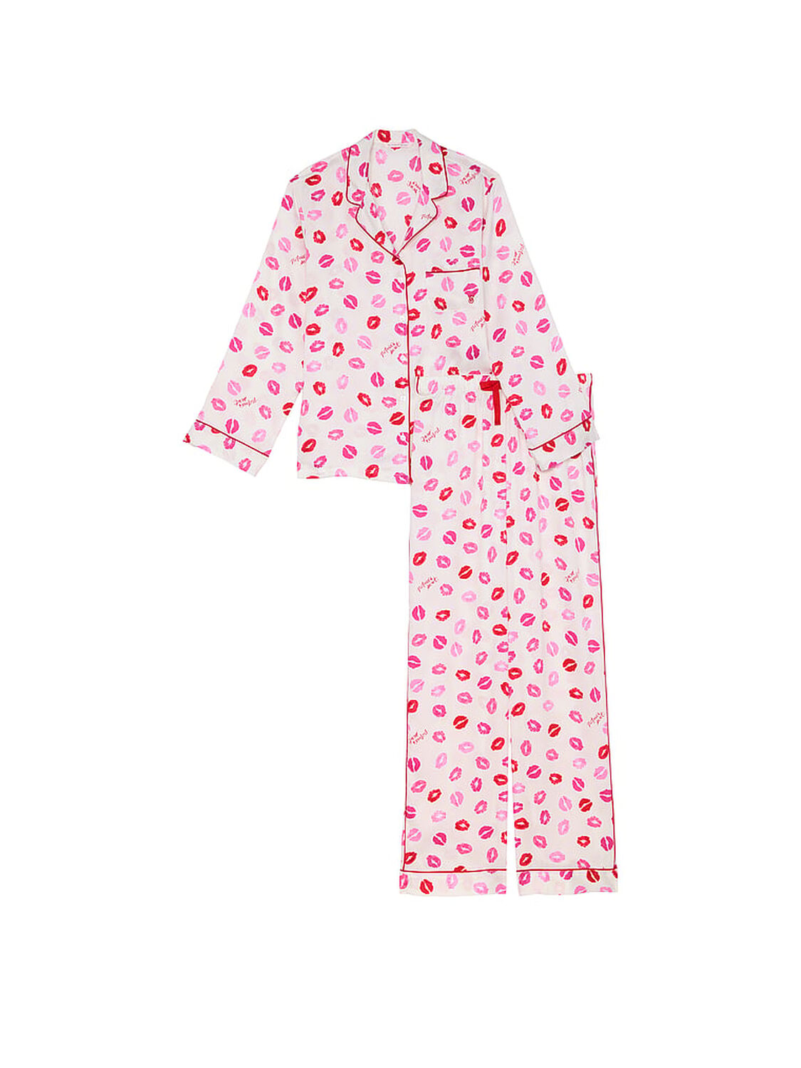 vs Victoria's Secret Glazed Satin Long Pajama Set Coconut White & Lipstick Kisses 3 of 4 