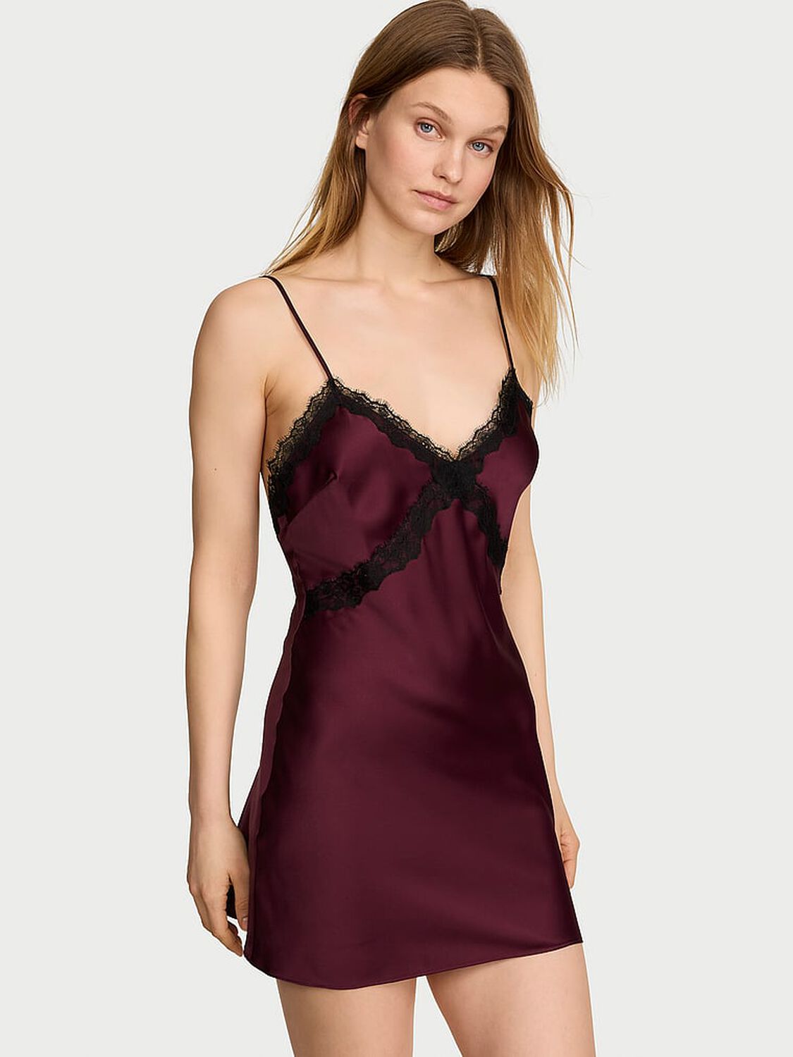 vs Very Sexy Satin Rose Lace-Trim Mini Slip Dress Rich Maroon 1 of 2 