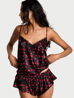 Satin Rose Lace-Trim Cami & Flutter Short Set