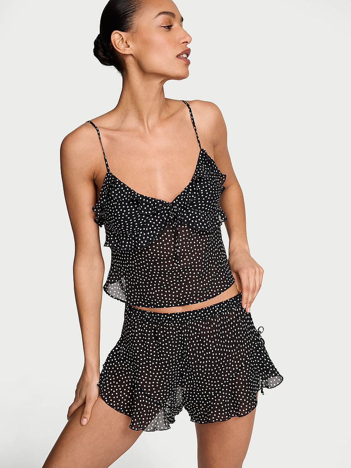vs Dream Angels Chiffon Polka Dot Flutter Cami Set Black & White Dots 1 of 3 