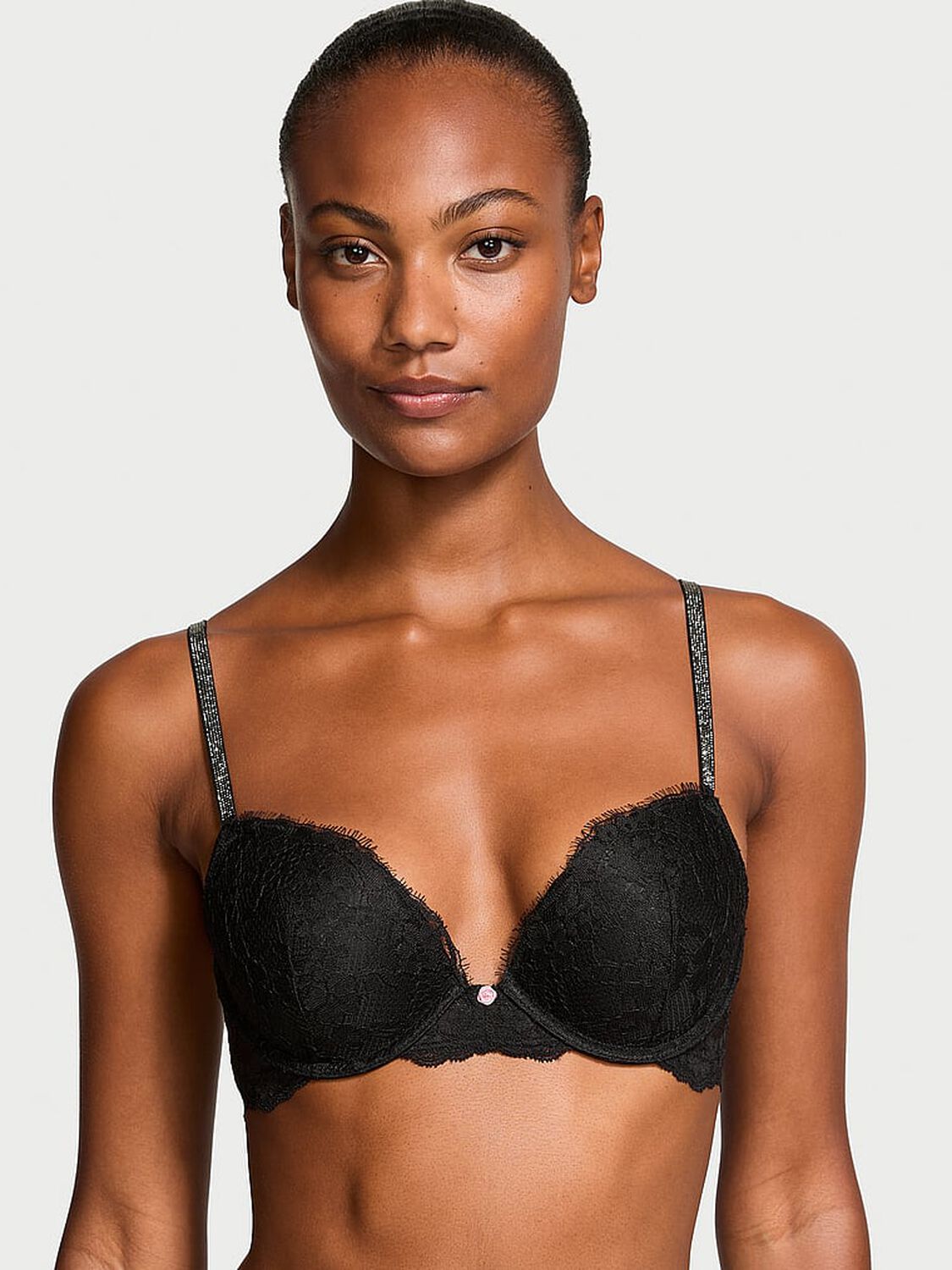 vs Dream Angels Twinkle Strap Lace Push-Up Bra Black 1 of 4 
