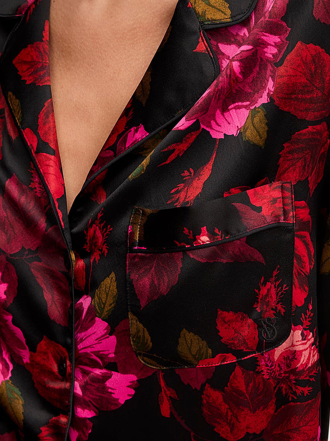 vs Victoria's Secret Glazed Satin Long Pajama Set Rose/Black Floral 5 of 5 