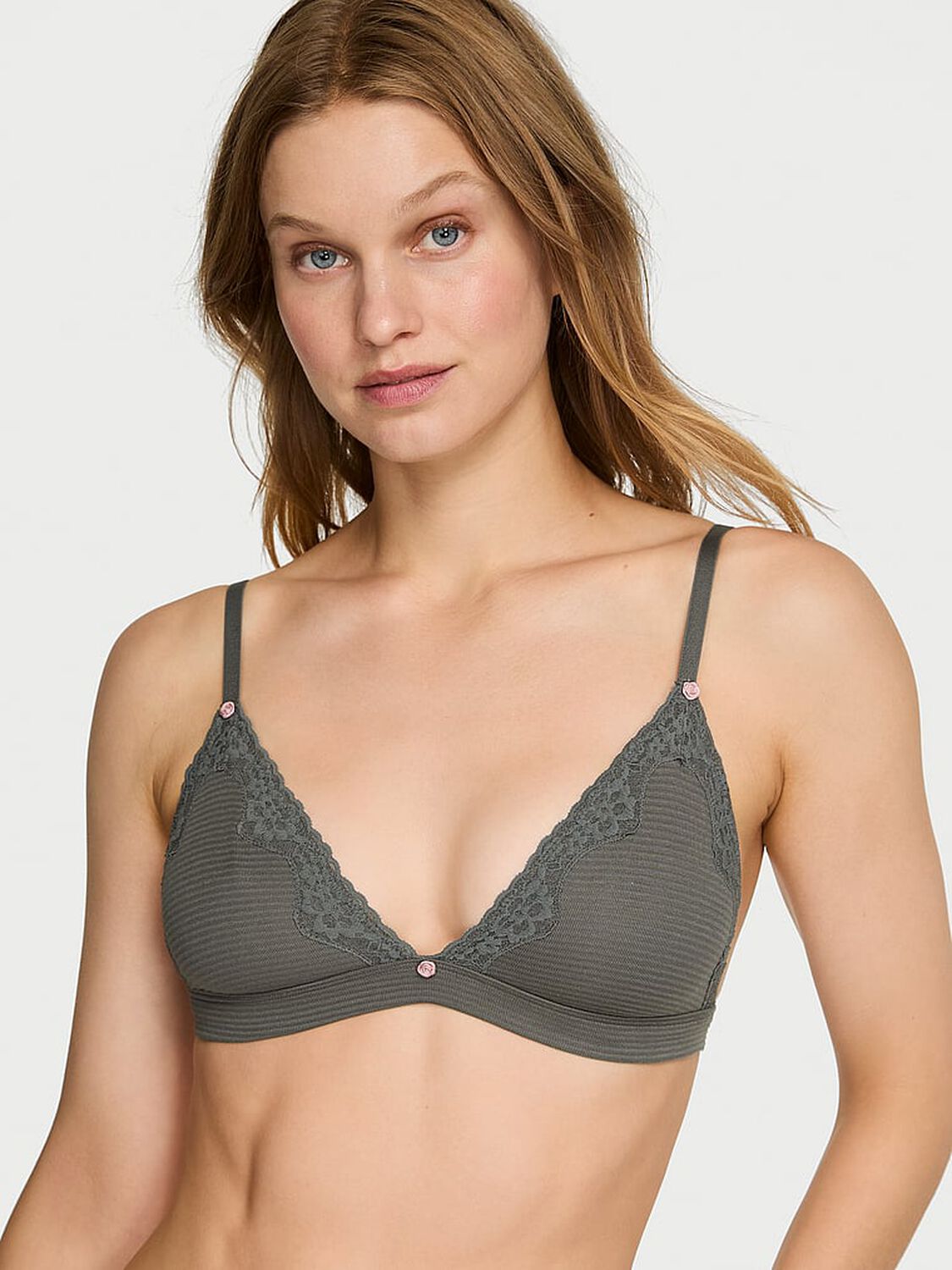vs The T-Shirt Cotton Shadow Stripe Unlined Triangle Bralette Expedition Green 1 of 3 