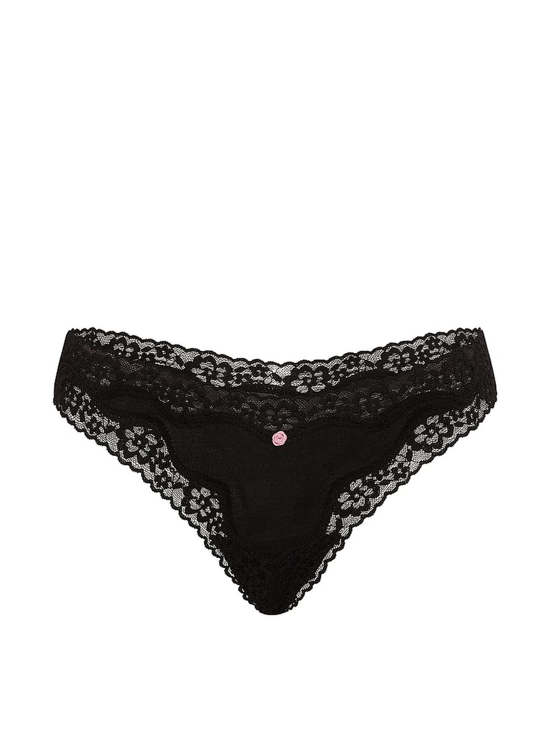 vs Lace Trim Cotton Lace-Waist Thong Panty Black 3 of 3 