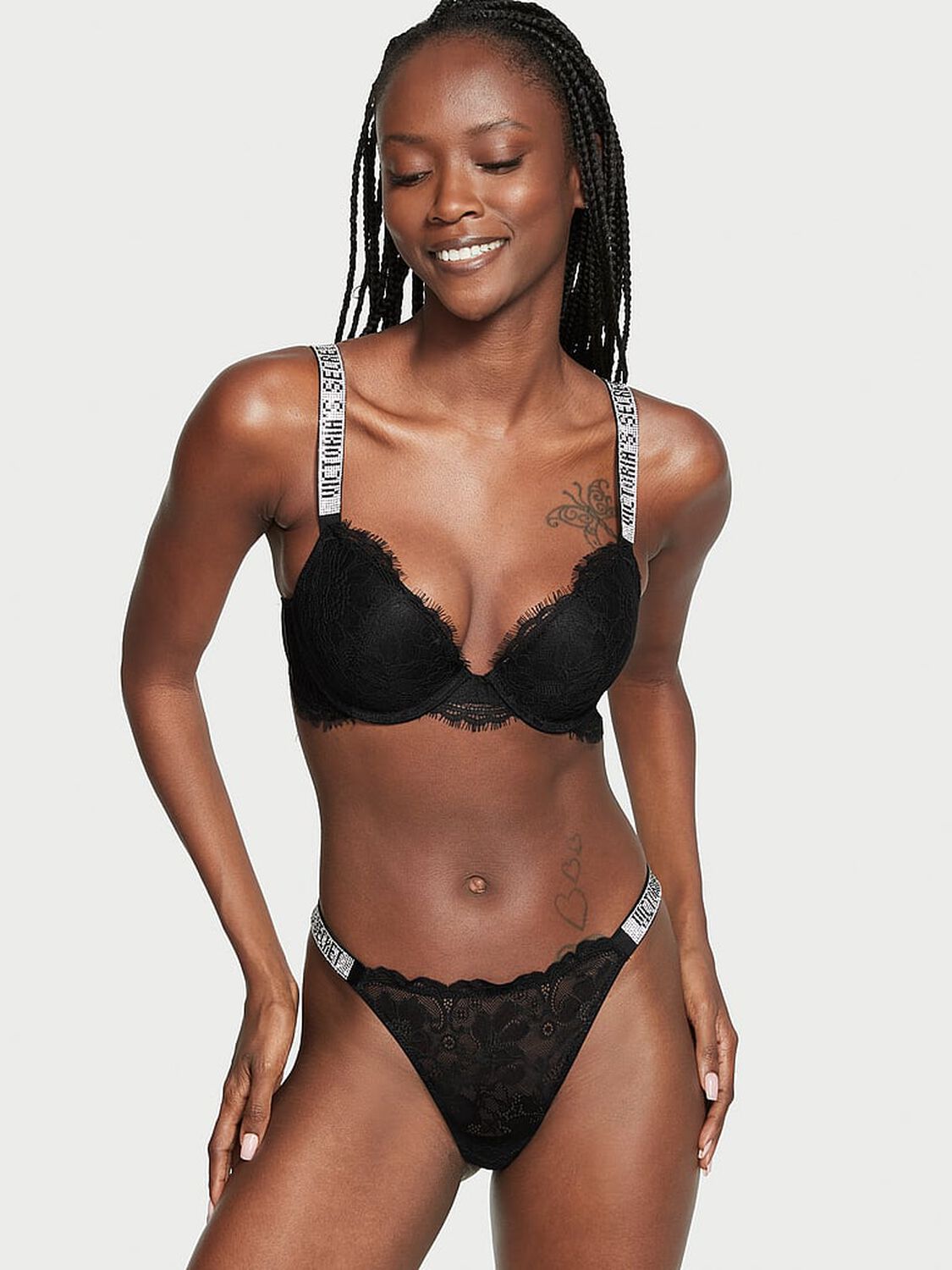 vs Very Sexy Bombshell Shine Strap Lace Thong Panty Black 1 of 3 