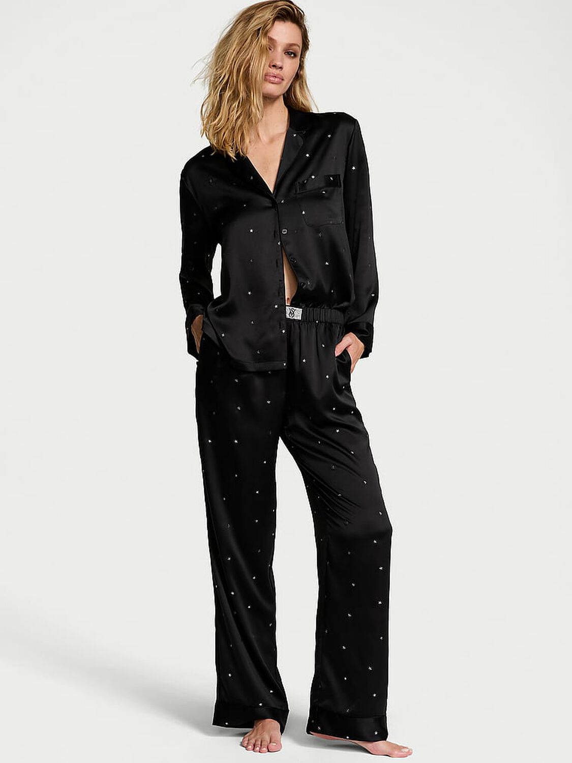 vs Victoria's Secret Glazed Satin Dew Drop Long Pajama Set Black 1 of 4 
