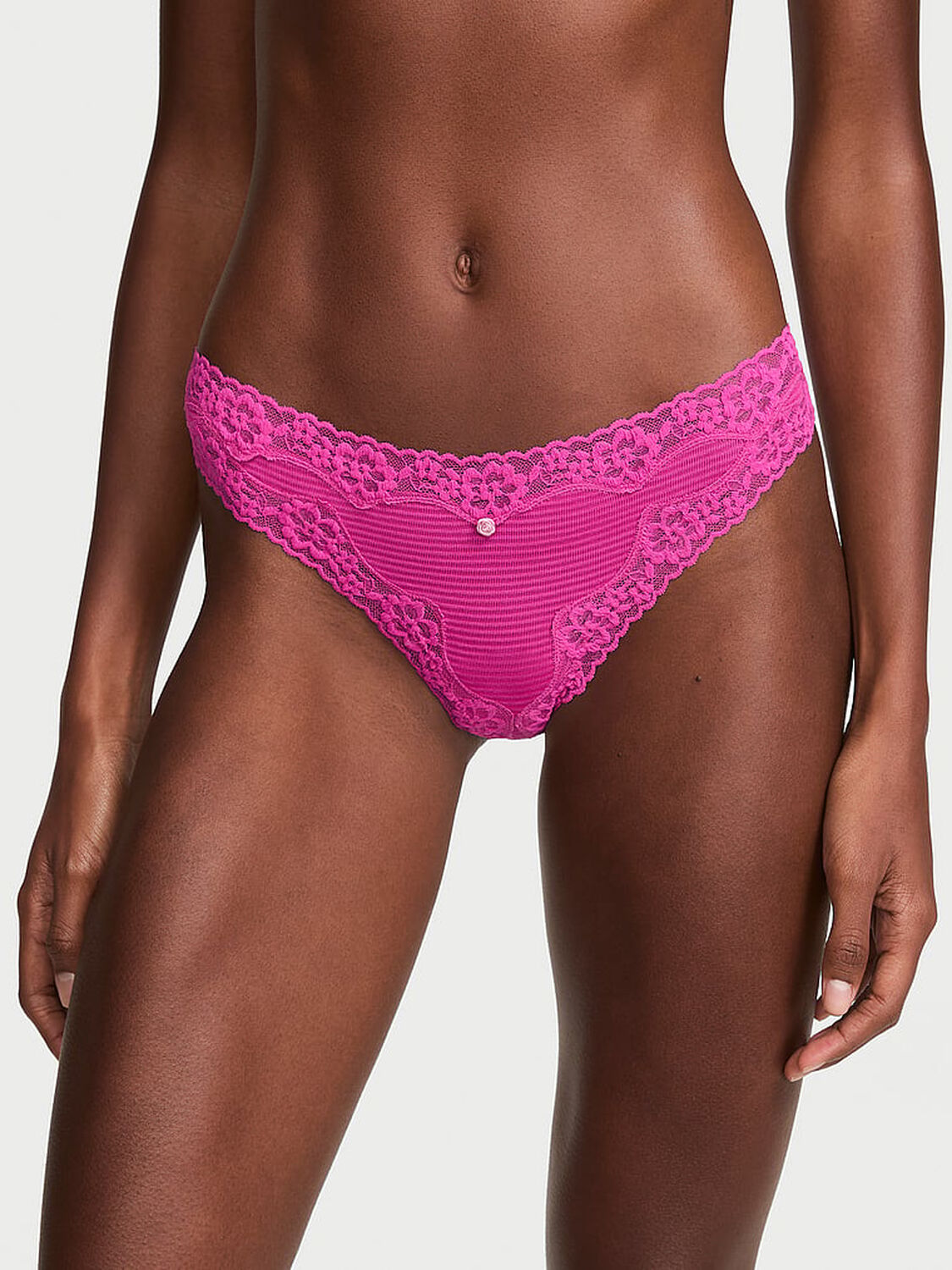 vs Lace Trim Cotton Shadow Stripe Lace-Waist Thong Panty Pink Fire 1 of 2 