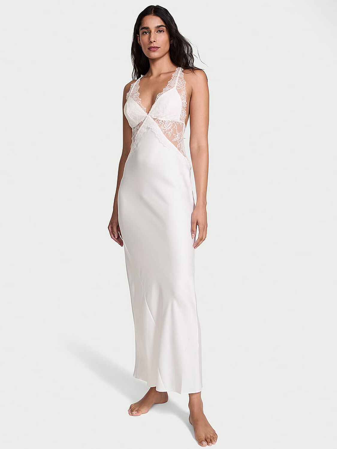 vs Very Sexy Satin Rose Lace Long Slip Dress Coconut White 1 of 3 