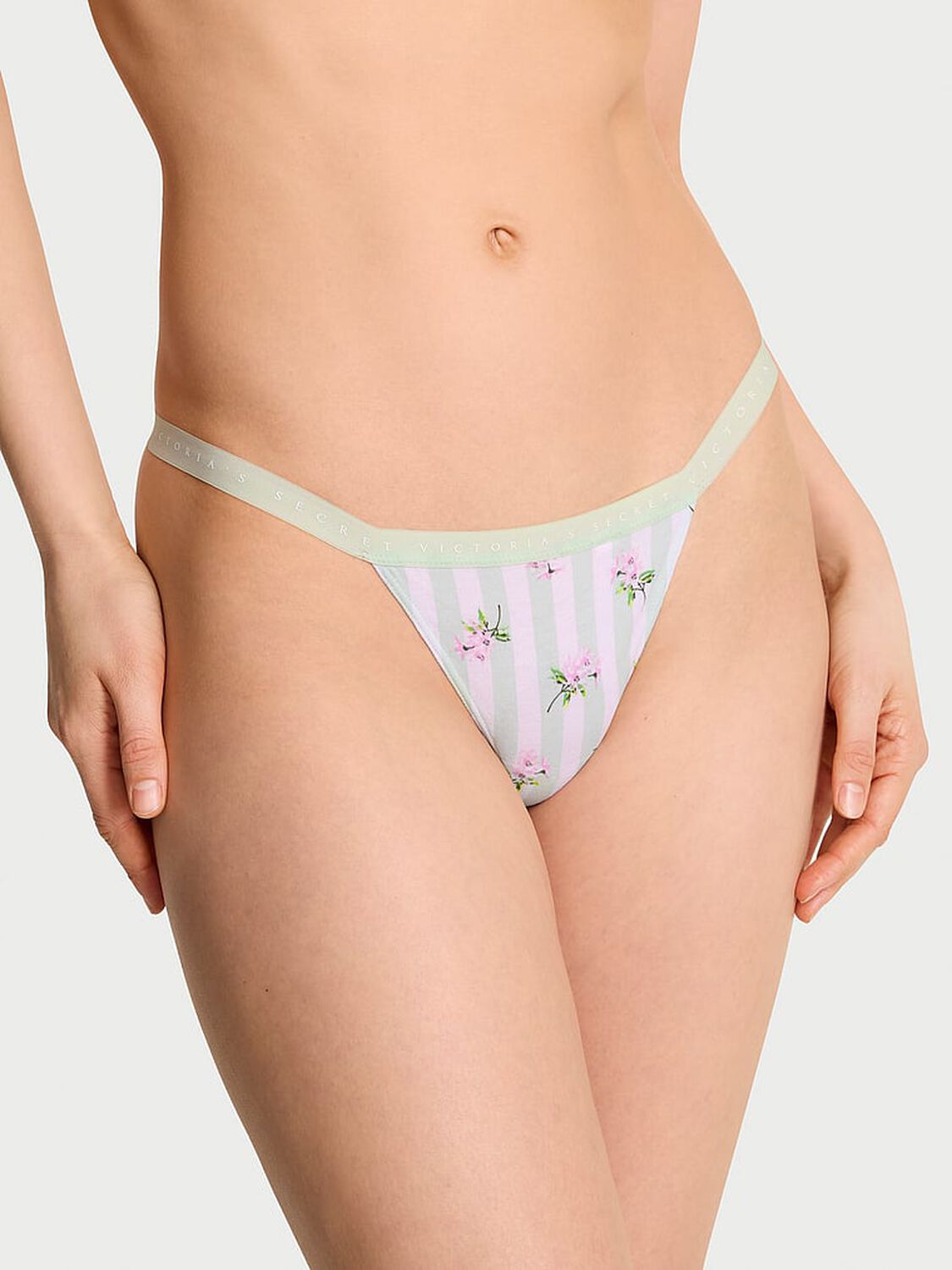 vs Victoria's Secret Stretch Cotton V-String Panty Mint Stripe Floral 1 of 3 
