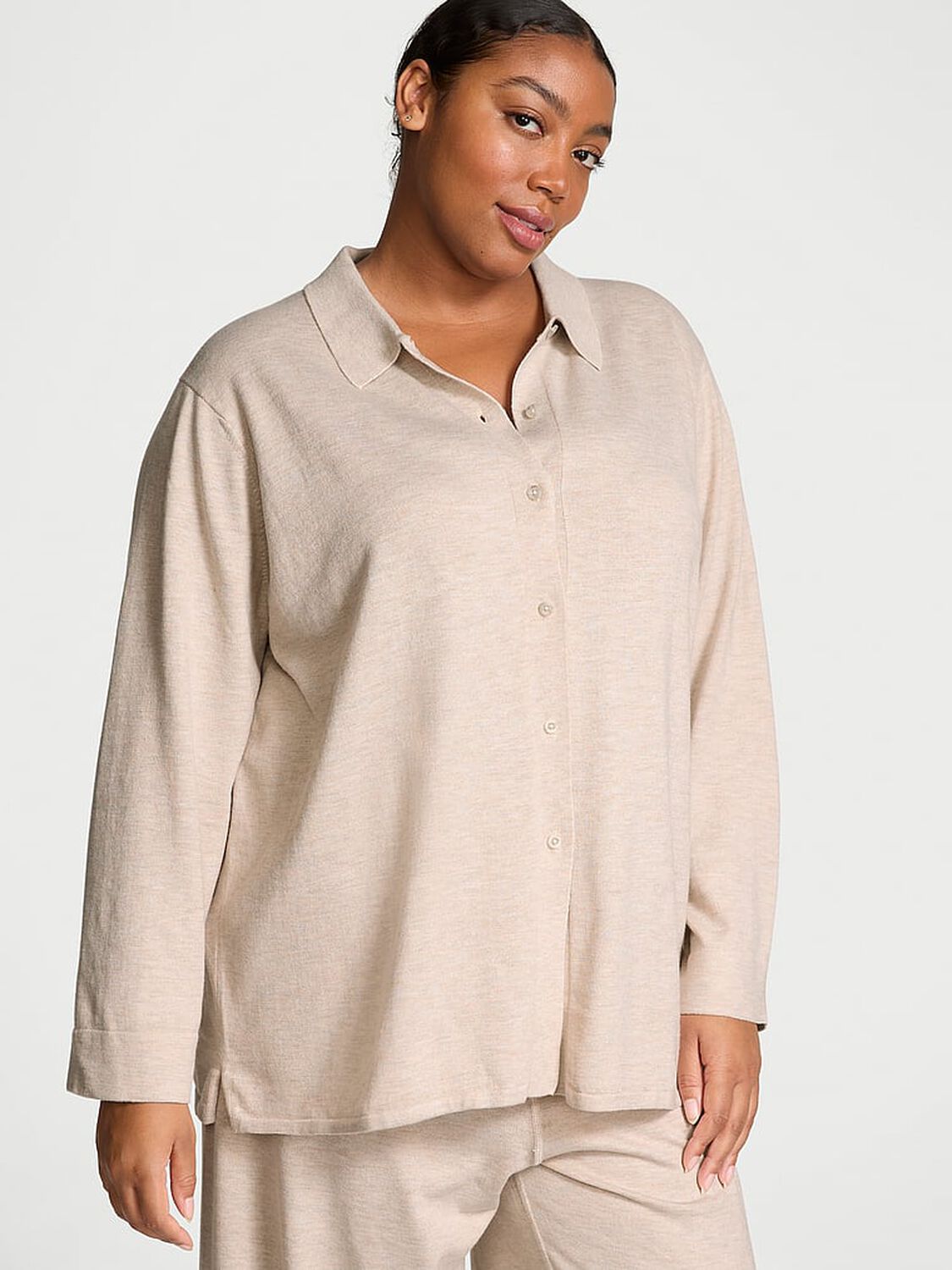 vs Victoria's Secret Luxe Crème Knit Button-Up Shirt Driftwood 1 of 4 