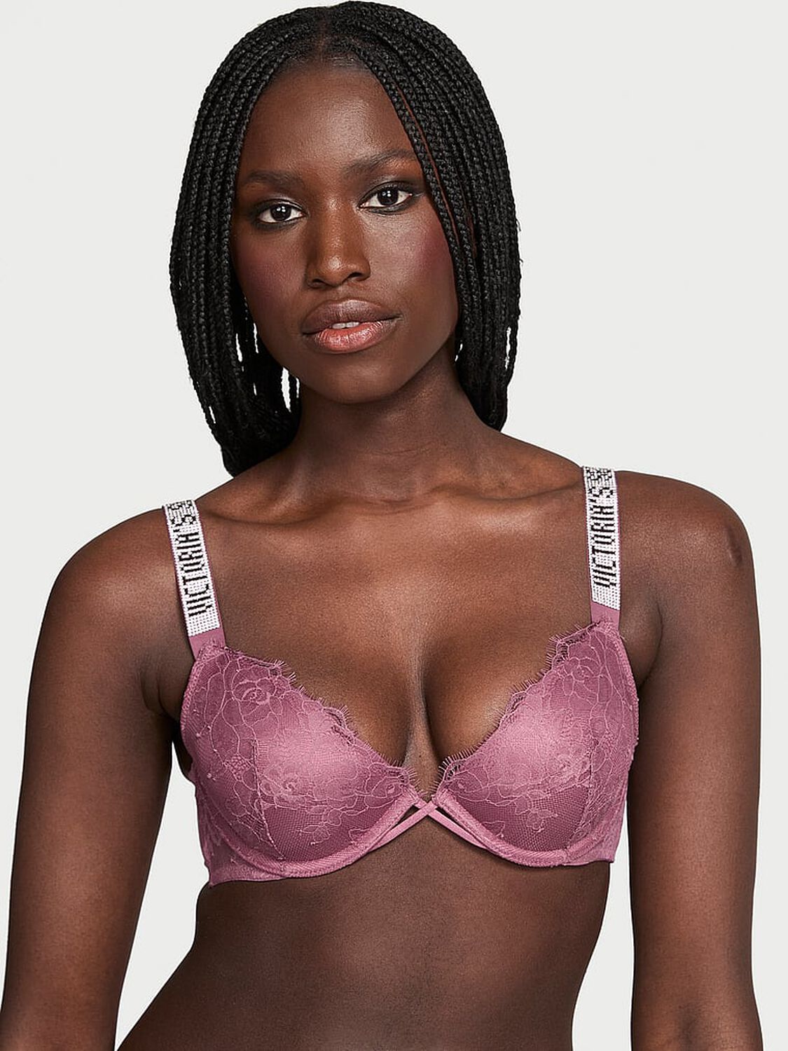 vs Very Sexy Shine Strap Rose Lace Lightly Lined Low-Cut Demi Bra Purple Vapor 1 of 2 