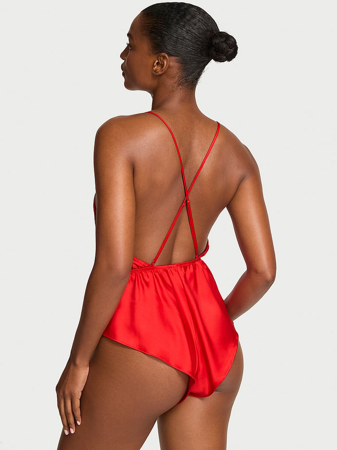 vs Victoria's Secret Satin Sparkle Bow Flutter Romper Bright Vermillion 2 of 4 