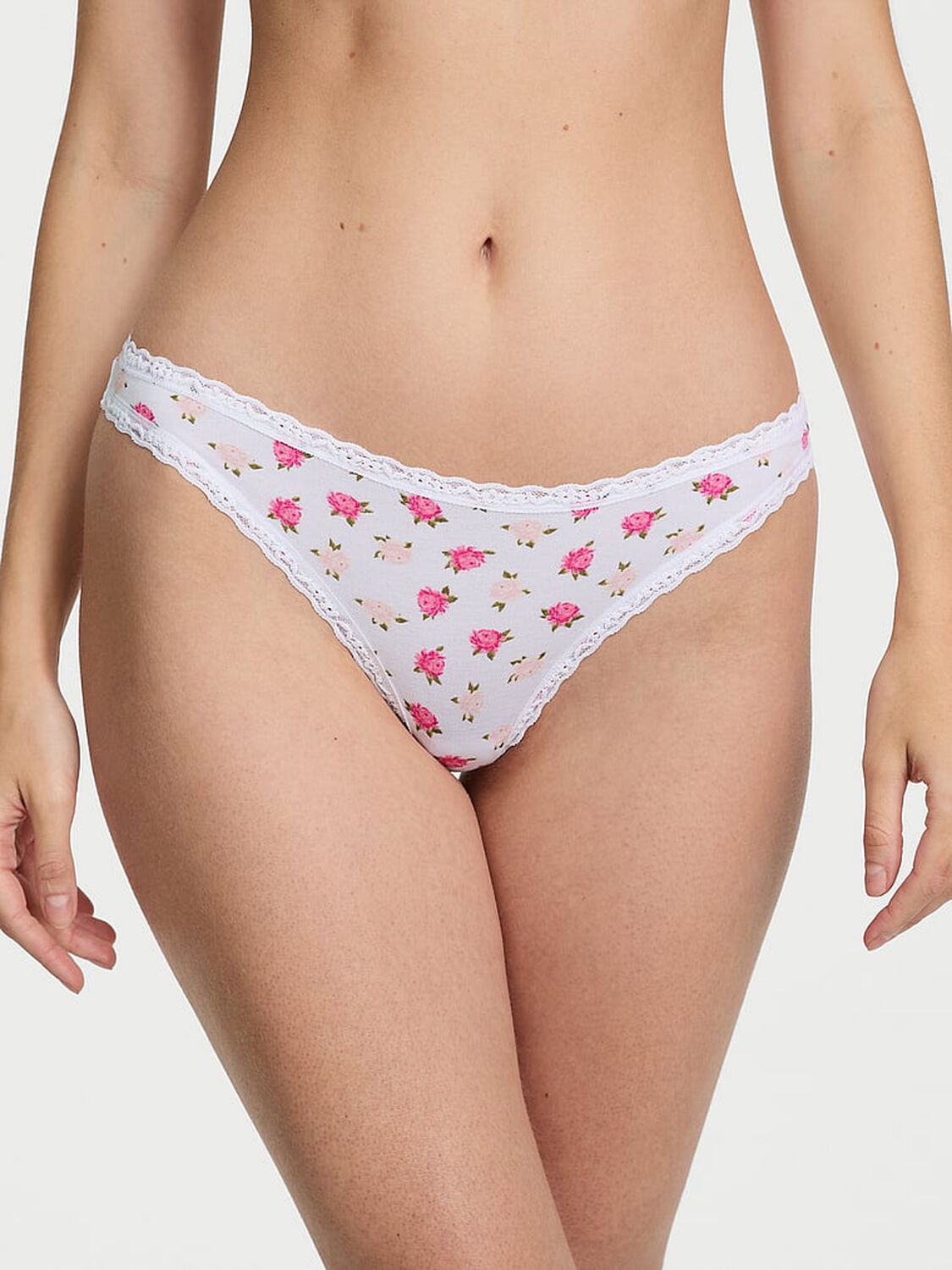 vs The Lacie Stretch Cotton Lace-Waist Thong Panty White & Pink Peonies 1 of 3 