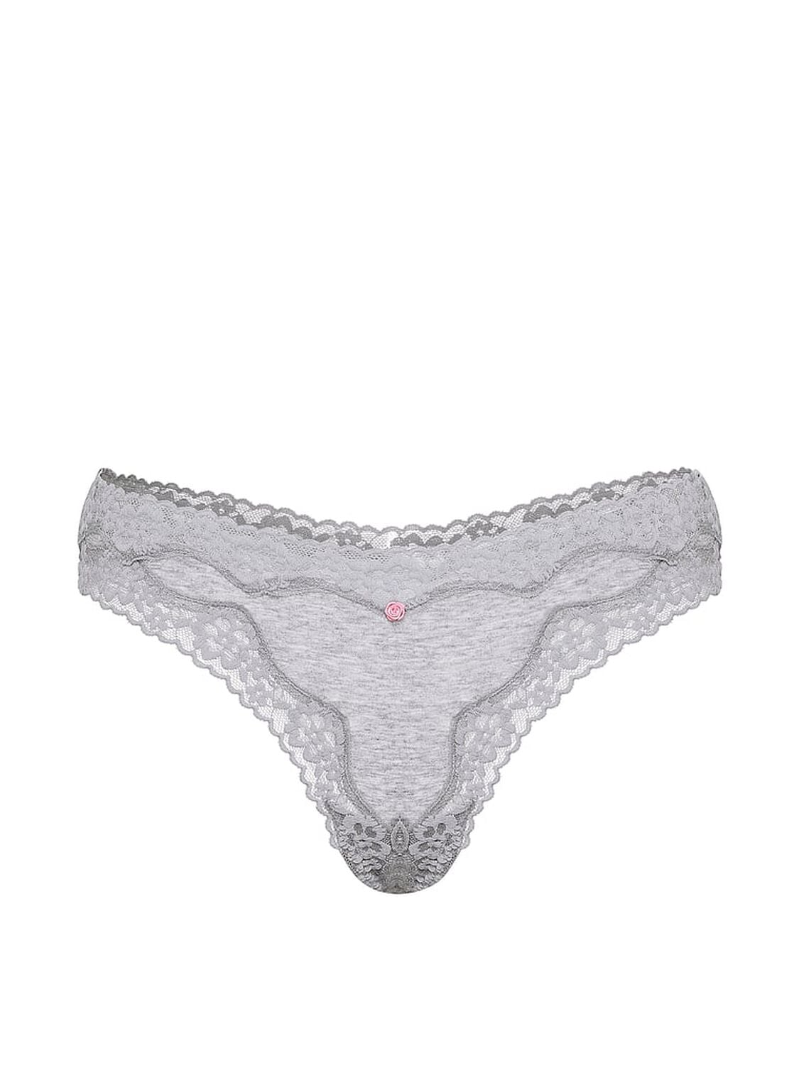 vs Lace Trim Cotton Lace-Waist Thong Panty Medium Heather Grey 3 of 3 
