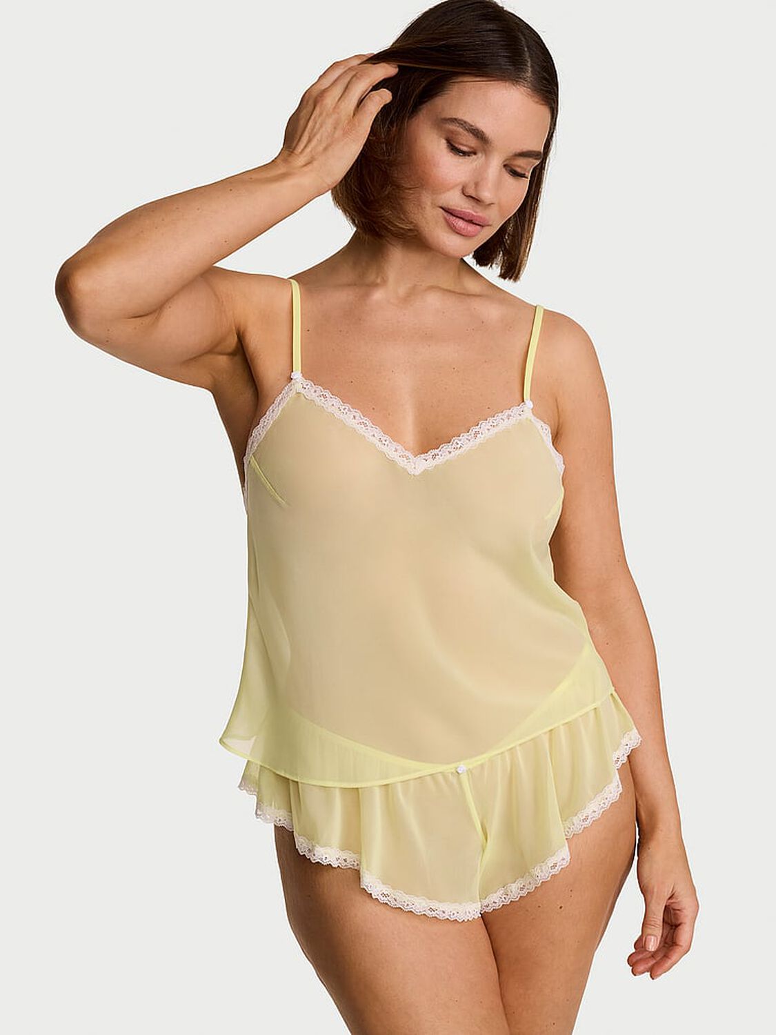 vs Dream Angels Chiffon Lace-Trim Cami & Flutter Shorts Set Lemonade 1 of 2 