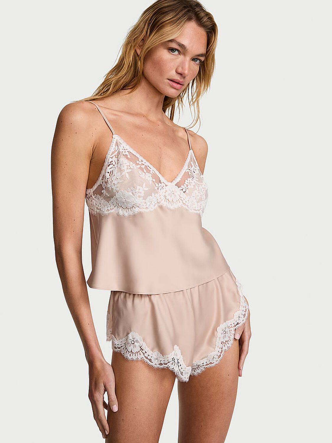 vs Dream Angels Satin Lace-Trim Cami & Flutter Shorts Set Oyster 1 of 2 