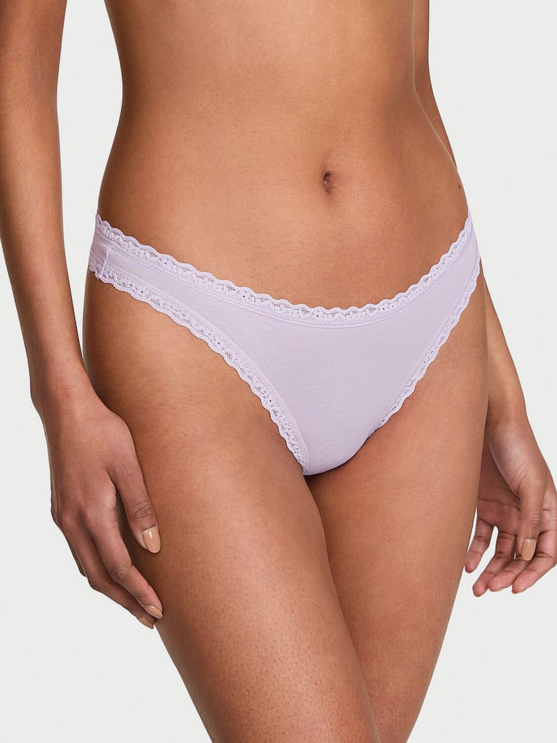 vs Lace Trim Cotton Lace-Waist Thong Crystal Lilac 1 of 3 