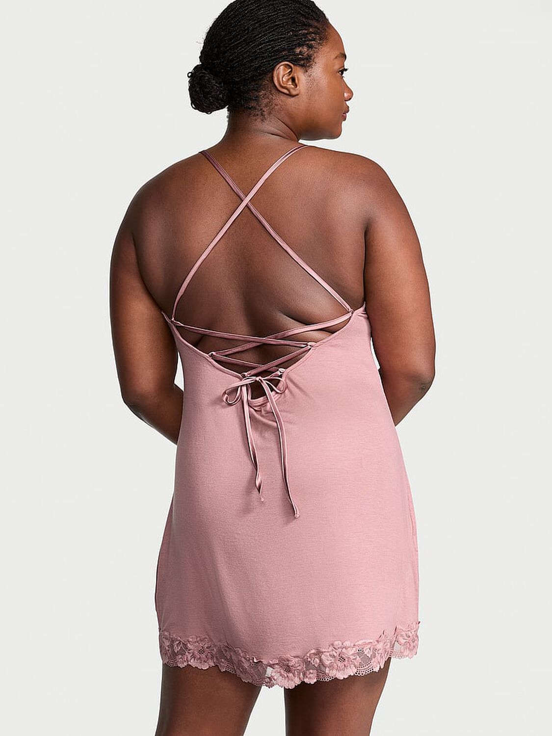 vs Victoria's Secret Ribbed Modal & Lace Cross-Back Slip Dress Nostalgia Rose 3 of 3 