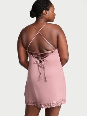 Ribbed Modal & Lace Cross-Back Slip Dress