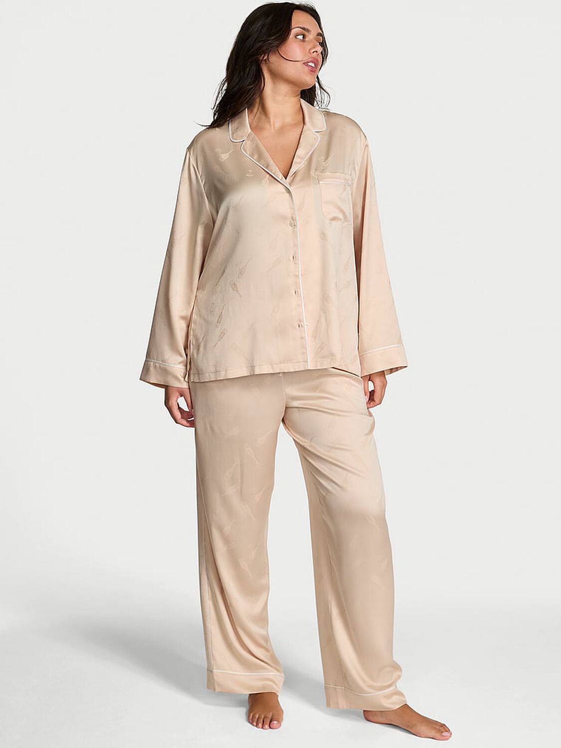 vs Victoria's Secret Glazed Satin Champagne Long Pajama Set Champagne Jacquard W Champagne Bottles 1 of 2 