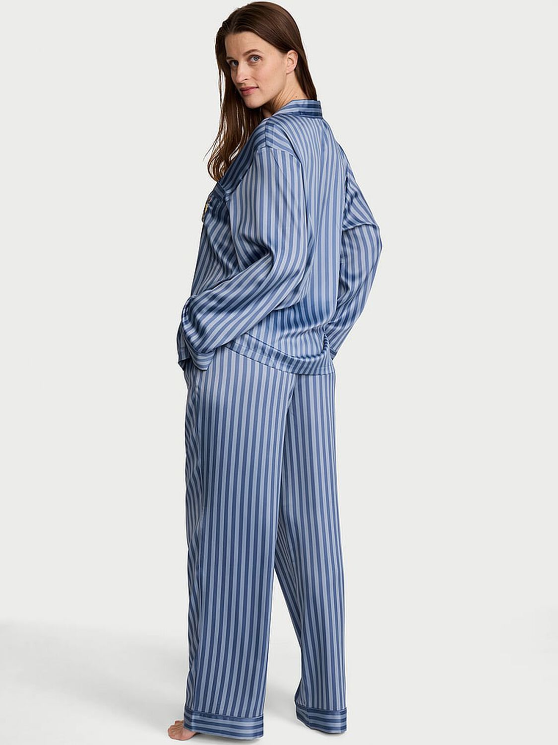 vs Victoria's Secret Signature Satin Long Pajama Set Blue Grey & Thunder Blue Stripes 2 of 2 