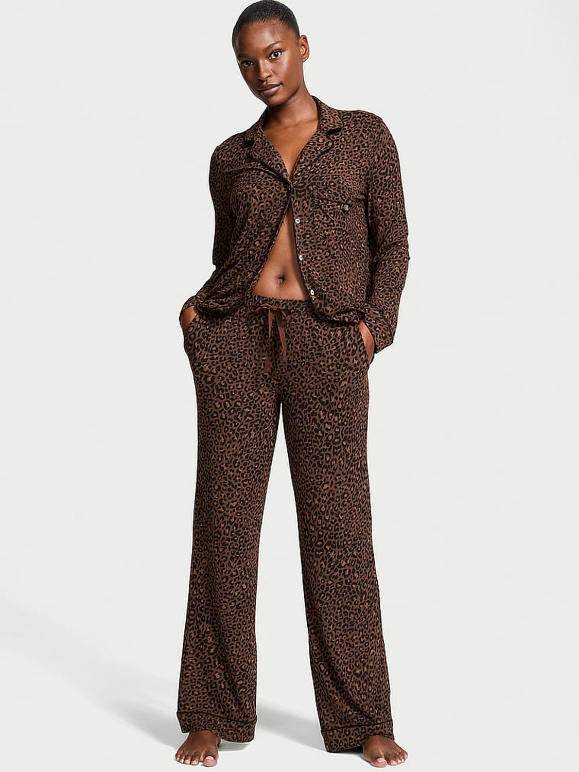 vs Victoria's Secret Modal Long Pajama Set Ganache Glam Leopard 1 of 4 