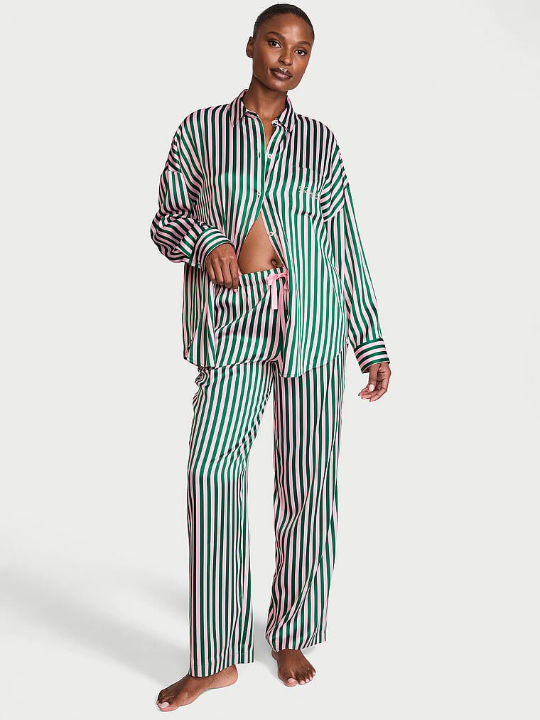 Signature Satin Oversized Long Pajama Set Prettiest Pine & Angel